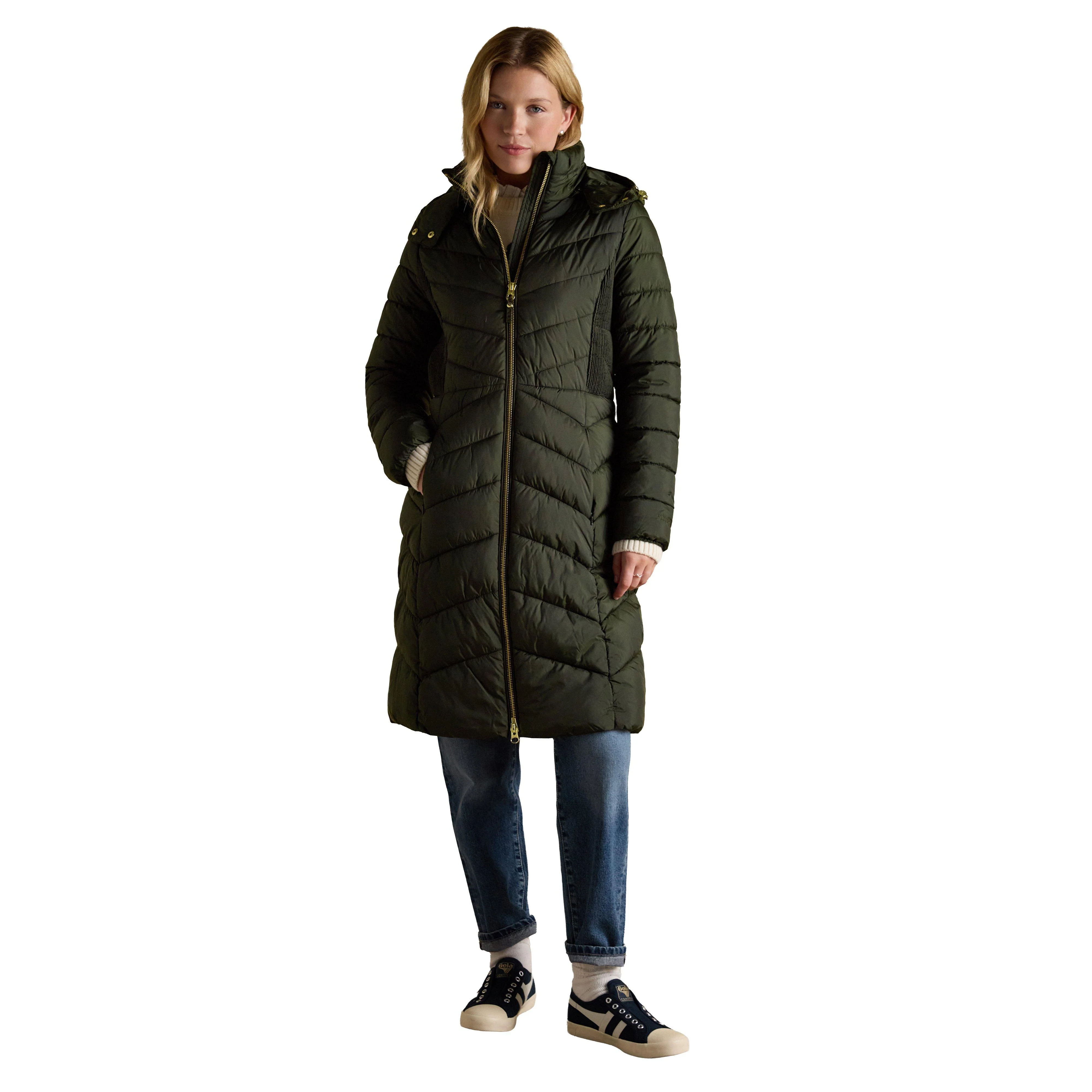 Womens Pembury Showerproof Longline Padded Coat With Hood Khaki - Image 11