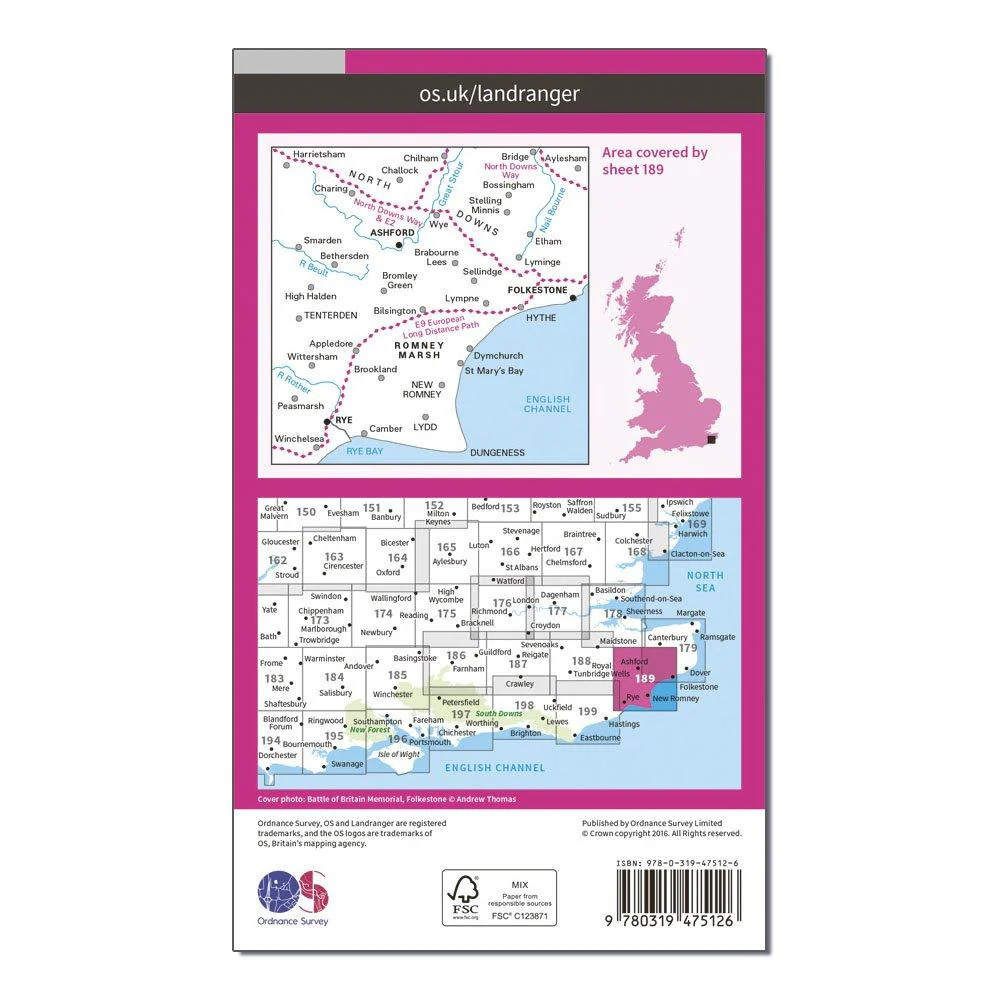 Landranger Active 189 Ashford & Romney Marsh, Rye & Folkestone Map With Digital Version - Image 2