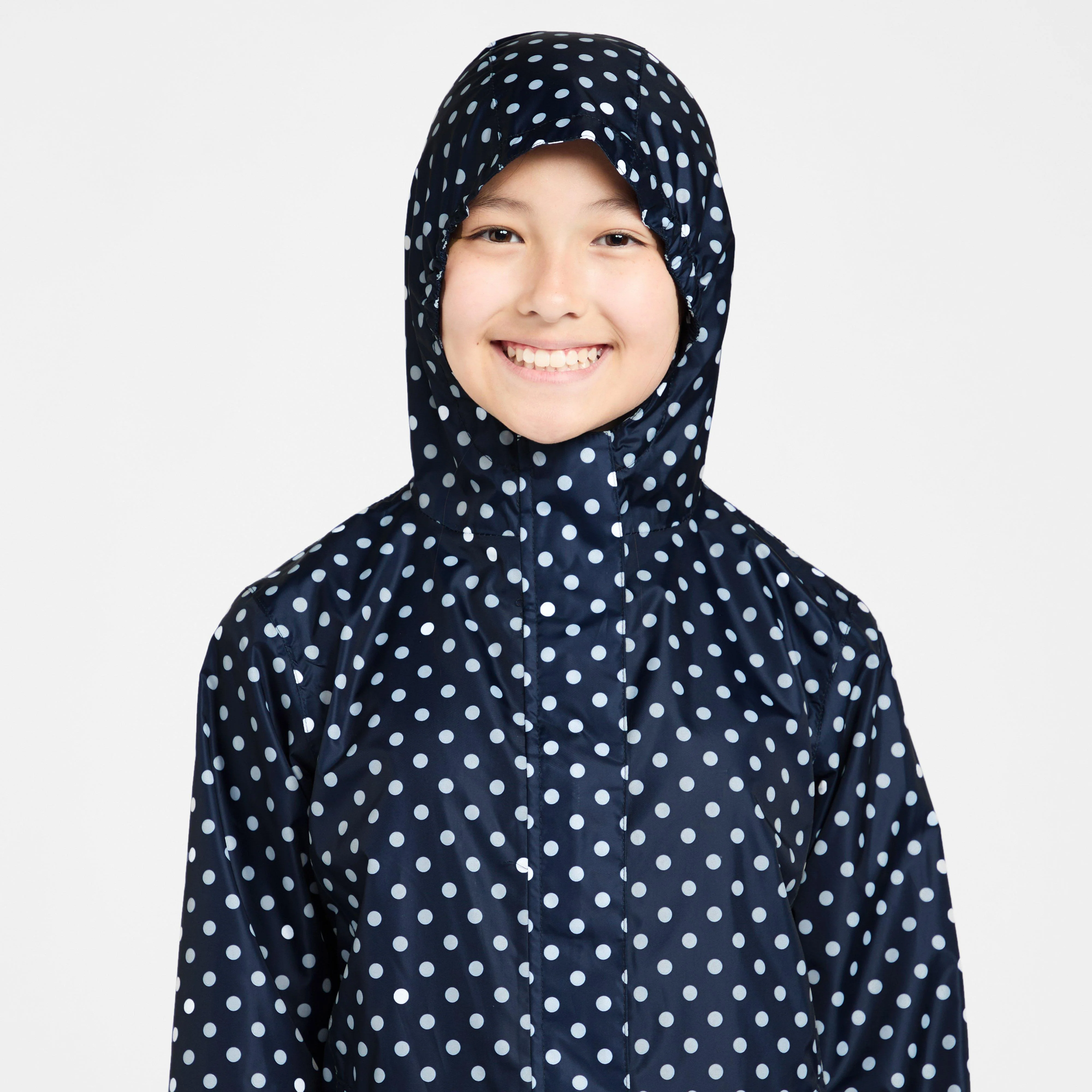 Kids Packable Waterproof Jacket Navy/White Polka Dot - Image 4